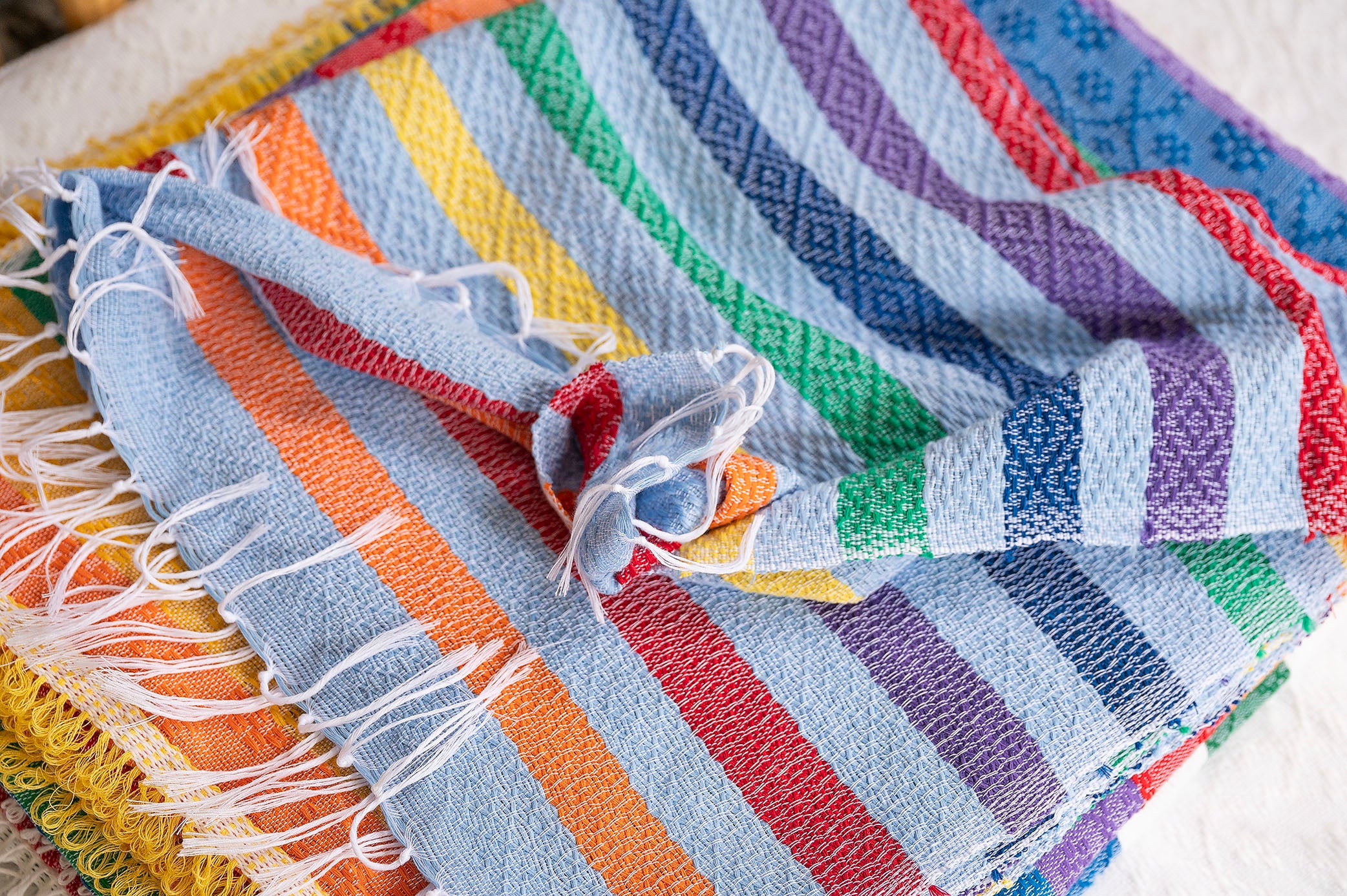 Blue and Rainbow Handwoven Filipino Towel / Toddler Blanket / Yoga Mat / Shawl – Colorful and Lightweight Inabel Weave | 30x60 inches